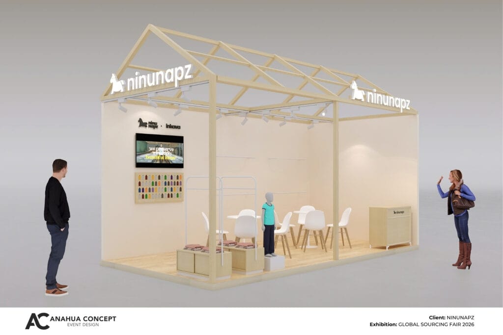 Kids' fashion exhibition stand design with open-plan layout, wooden accents, and warm track lighting