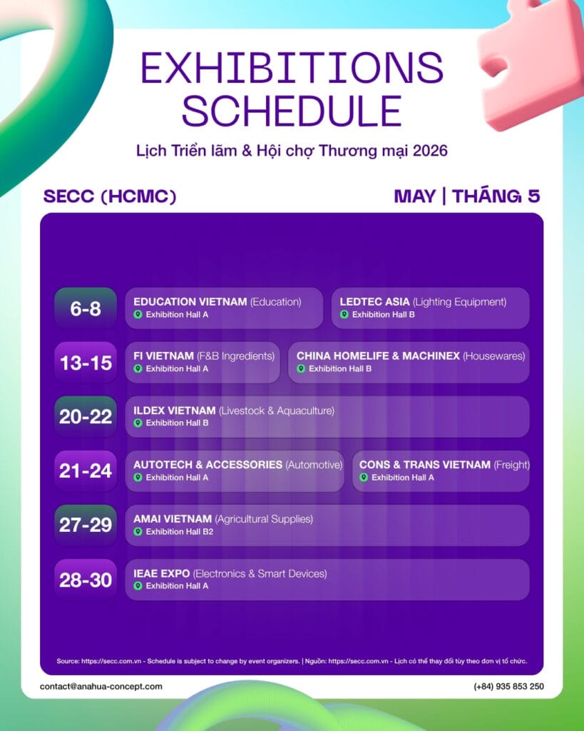 SECC exhibition schedule for May 2026 featuring Education Vietnam, Ledtec Asia, and Ildex Vietnam