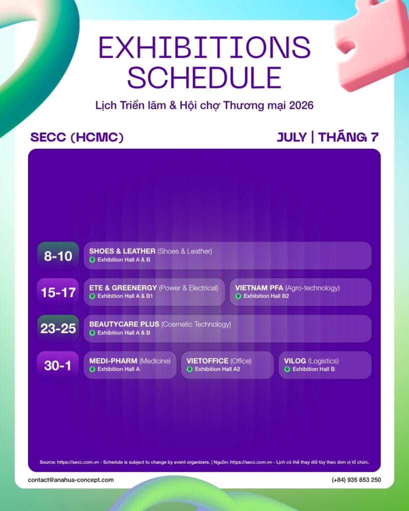 Detailed SECC event list for July 2026 highlighting Shoes & Leather and Vietnam ETE & Greenergy Expo