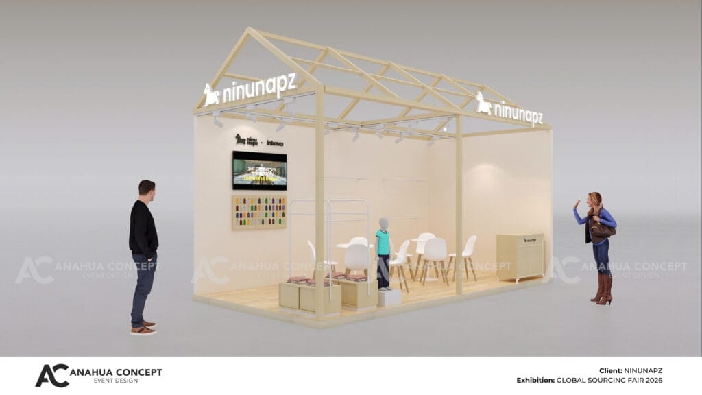 Minimalist trade show booth for Ninunapz featuring a rustic wooden house-frame for children's fashion.