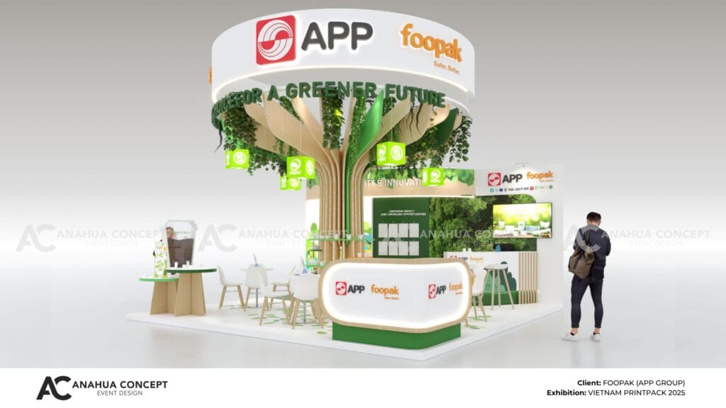 Thiết kế booth FOOPAK eco-friendly, bền vững với cấu trúc cây xanh trung tâm khổng lồ | Anahua Concept