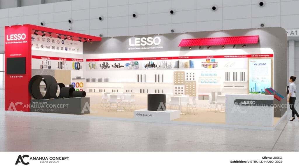 Professional industrial trade show booth design for LESSO featuring organized product displays and bold red branding.