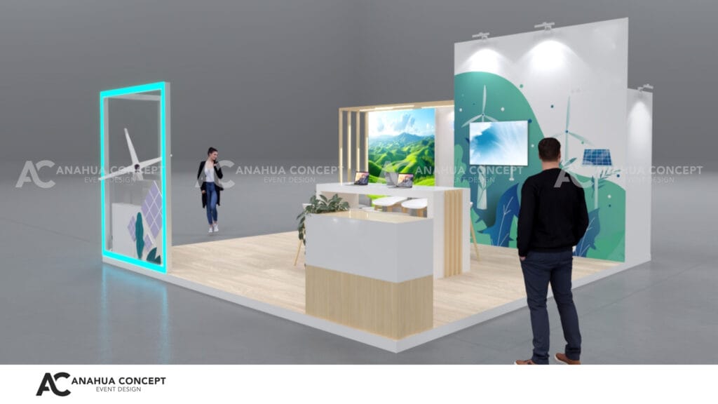 Modern High-Tech exhibition booth with a large digital screen and clean lines for technology display.