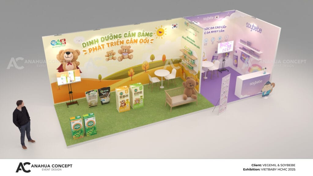 Colorful interactive pop-up booth for Vegemil & Soybebe with engaging children's product displays.