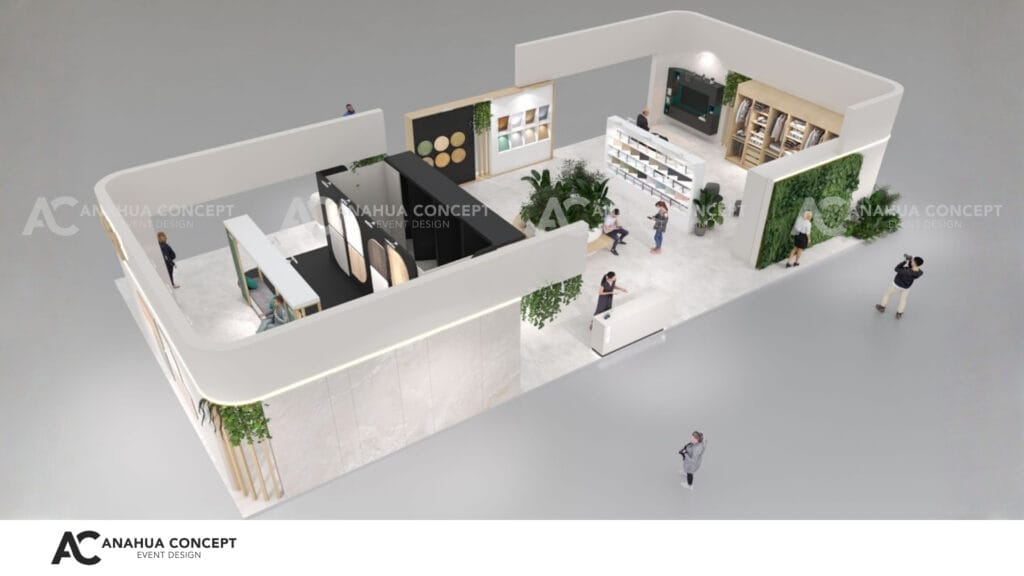 Boutique-style artistic exhibition booth for premium materials with a clean, luxury aesthetic and elegant lighting.