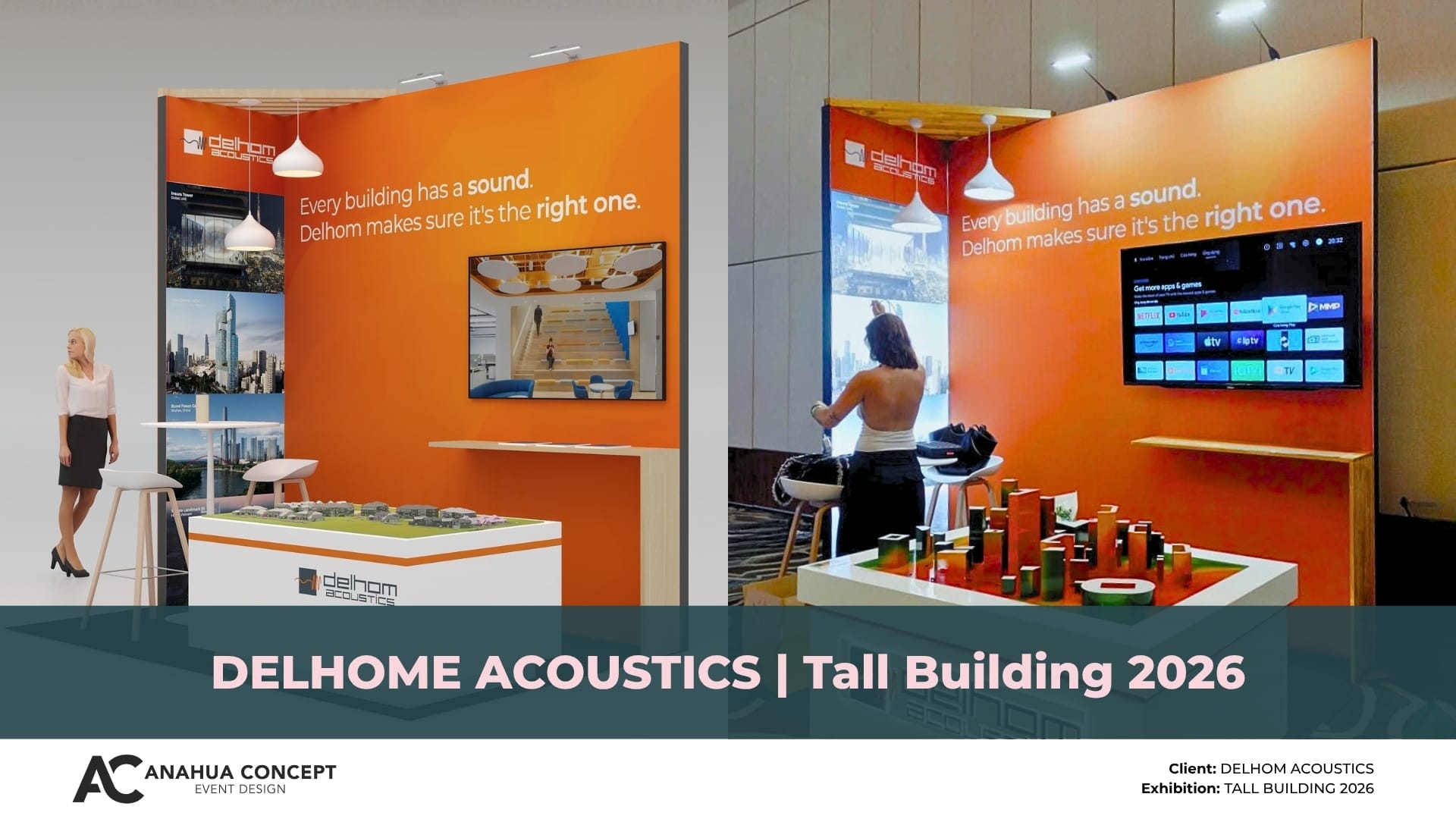 Minimalist exhibition booth design for Delhom Acoustics at Tall Building 2026