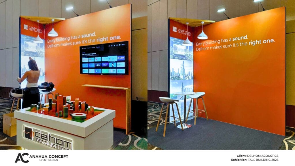 Front view of the minimalist exhibition booth for Delhom Acoustics