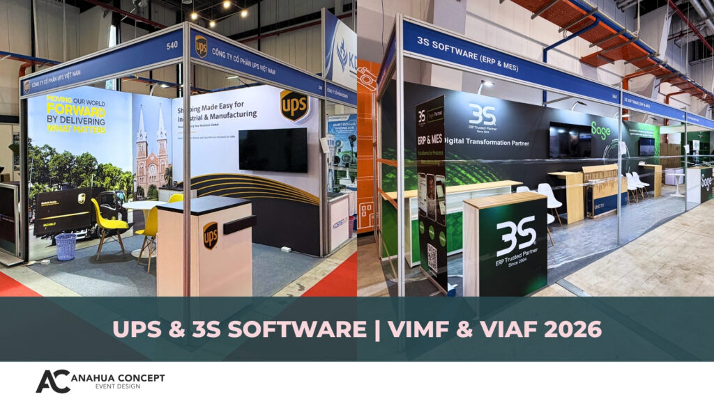 Không gian gian hàng triển lãm thể hiện nhận diện thương hiệu của UPS & 3S Software tại VIMF & VIAF 2026