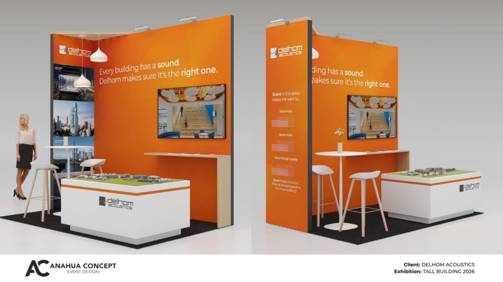 Brand-focused exhibition space designed for Delhom Acoustics at Tall Building 2026