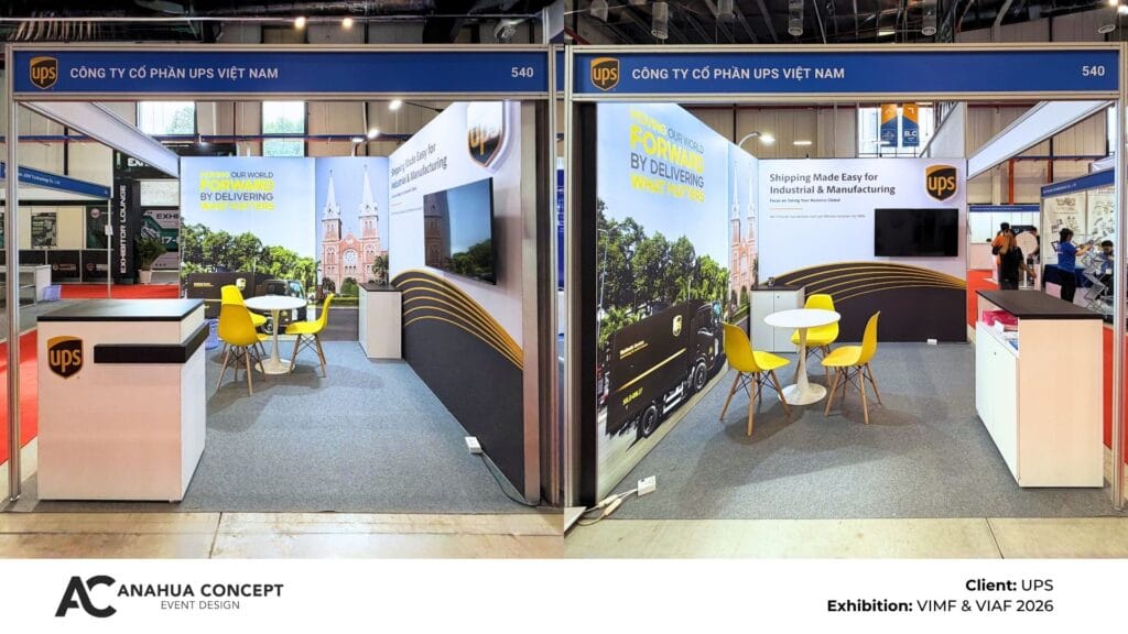 Overall view of the UPS exhibition booth built with the Octanorm modular system