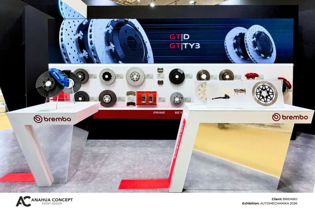 Product display area with LED screens inside the Brembo exhibition booth