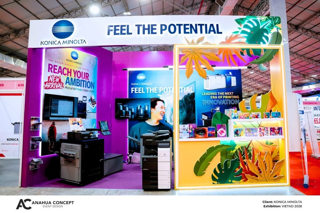 Overall view of the Konica Minolta exhibition booth at VietAd 2026